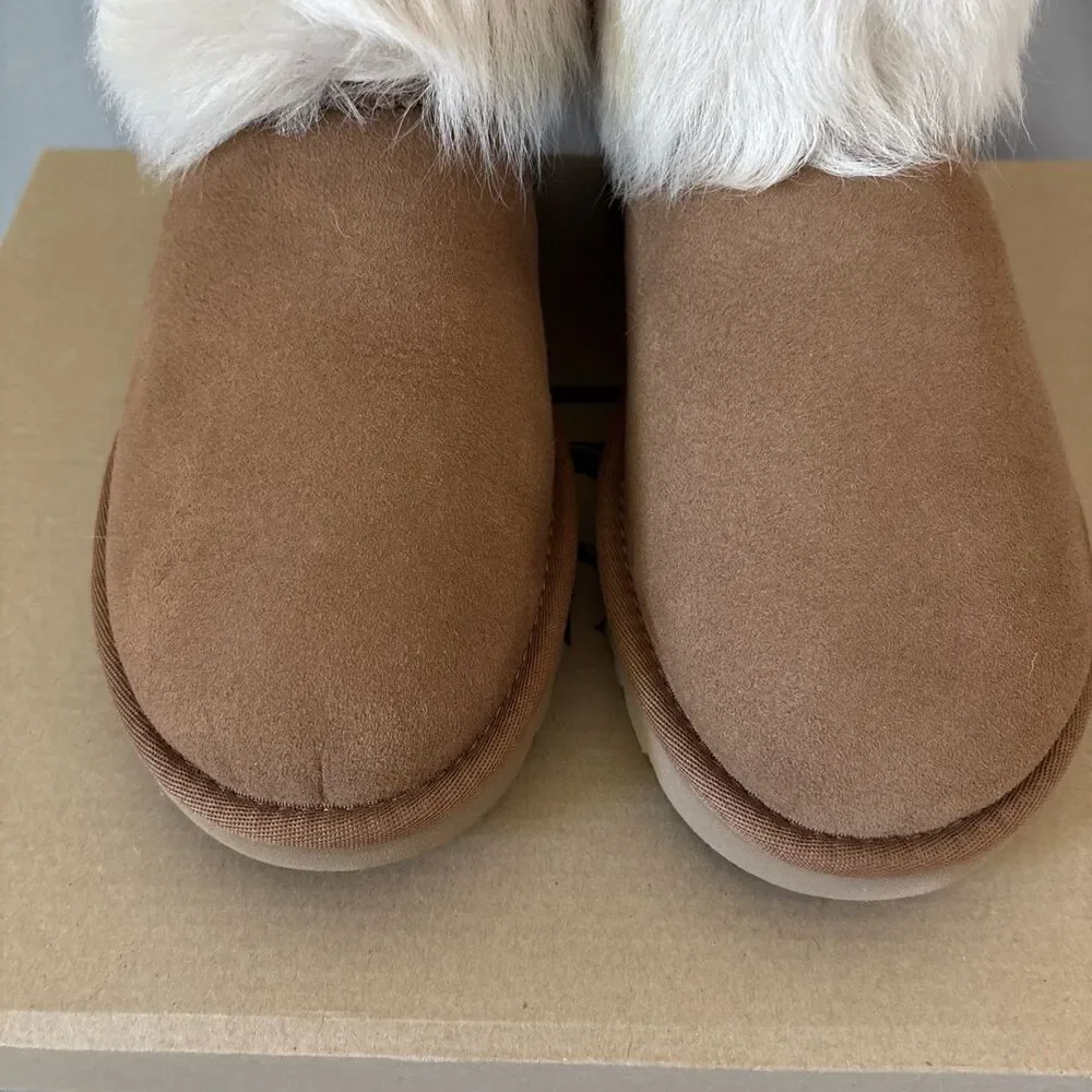 UGG Chestnut Suede Ankle Booties with Ivory Fur Cuff - Picture 7 of 12
